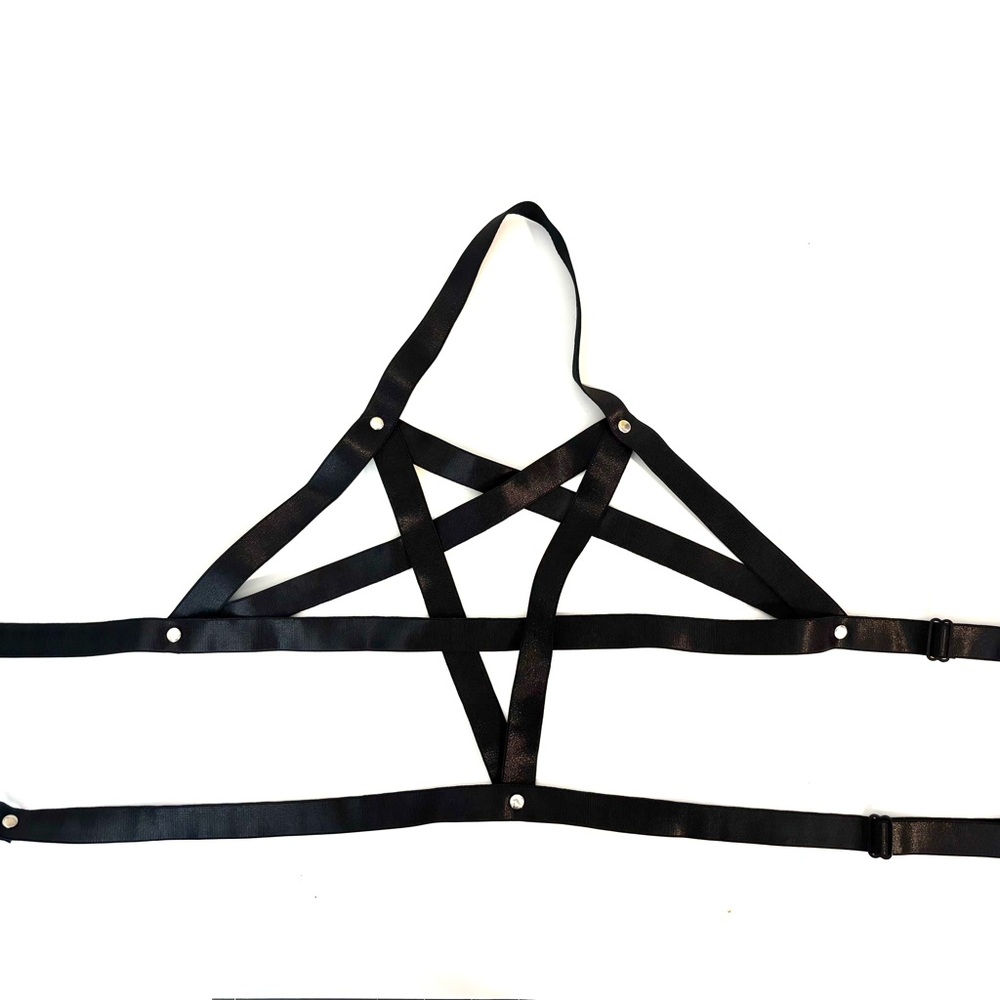 Womens adjustable black pentagram goth chest harness festival club OSFA
